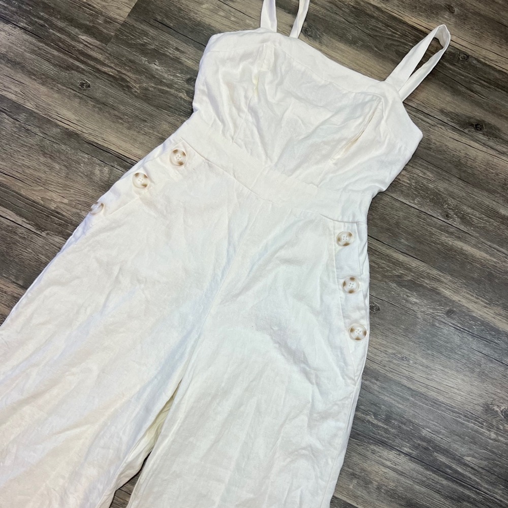 June & Hudson White Linen Blend Wide Leg Jumpsuit Button Detail Size Small - Picture 6 of 9